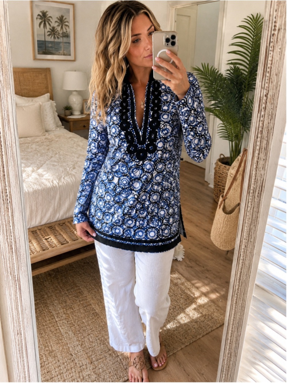 Embroidered Beaded Tunic Top Blue Black Abstract Boho Coastal Resort Medium